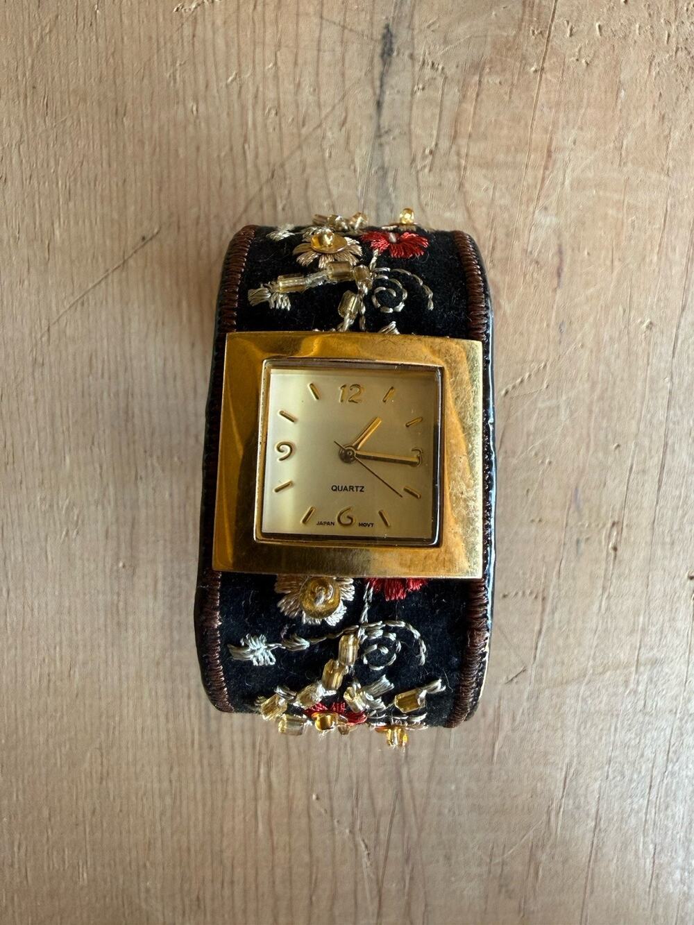 Avon Embellished Cuff Watch Vintage Black Flower